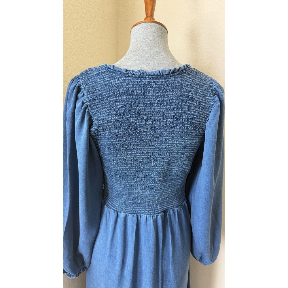 Old Navy Women's Dark Wash Blue V-Neck Smocked Bodice Long Sleeve Midi Dress - Picture 5 of 10